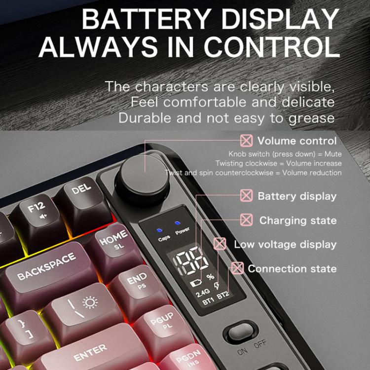 FREE WOLF M75 Russian Wireless Bluetooth Dual-Mode Mechanical Keyboard With PBT Gradient Caps and Display Screen(Grape Purple) - Image 5