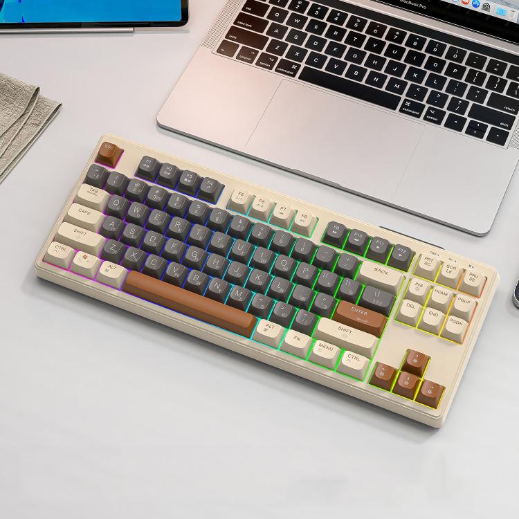 FREE WOLF M87 Russian 2.4G Wireless Bluetooth Dual-Mode Mechanical Keyboard(Coffee)