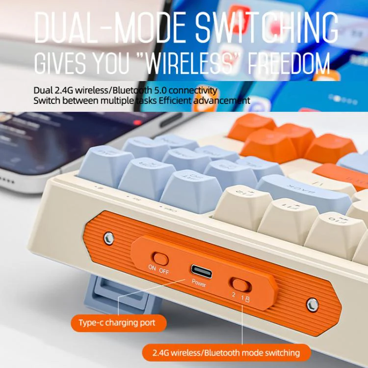 FREE WOLF M87 Russian 2.4G Wireless Bluetooth Dual-Mode Mechanical Keyboard(Coffee) - Image 6