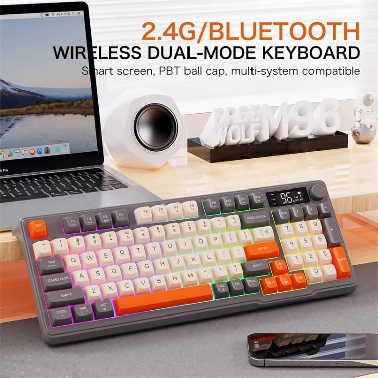FREE WOLF M96 Wireless Bluetooth Dual-Mode Russian Keyboard PBT Dome Display Gaming Keyboard(Coffee) - Image 2