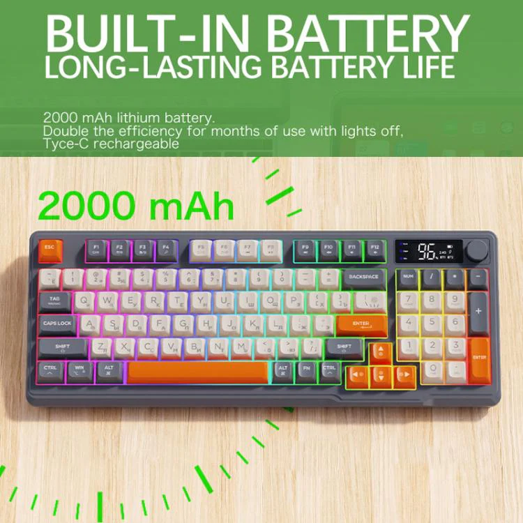 FREE WOLF M96 Wireless Bluetooth Dual-Mode Russian Keyboard PBT Dome Display Gaming Keyboard(Coffee) - Image 5