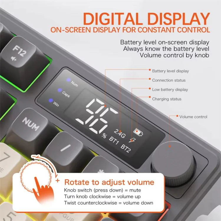 FREE WOLF M96 Wireless Bluetooth Dual-Mode Russian Keyboard PBT Dome Display Gaming Keyboard(Micro Light) - Image 6