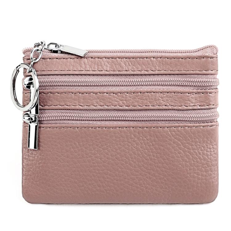 Genuine Leather Double Zipper Key Coin Purse(Bean Pink)