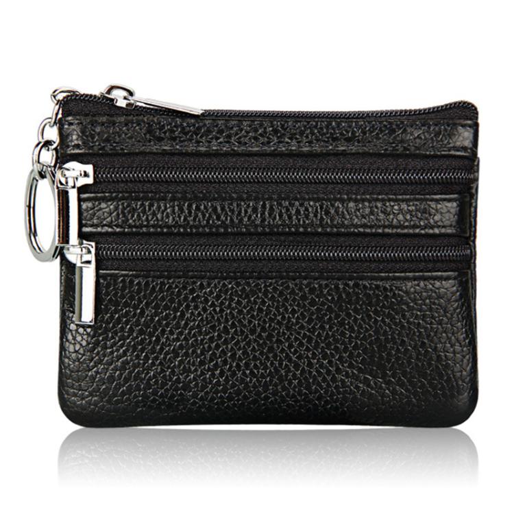 Genuine Leather Double Zipper Key Coin Purse(Black)
