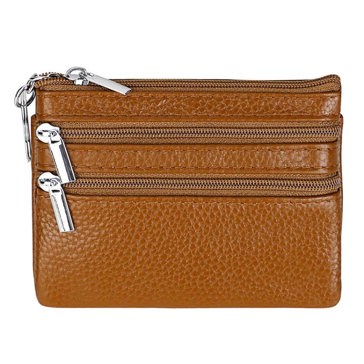 Genuine Leather Double Zipper Key Coin Purse(Camel)