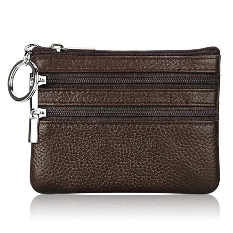 Genuine Leather Double Zipper Key Coin Purse(Coffee)