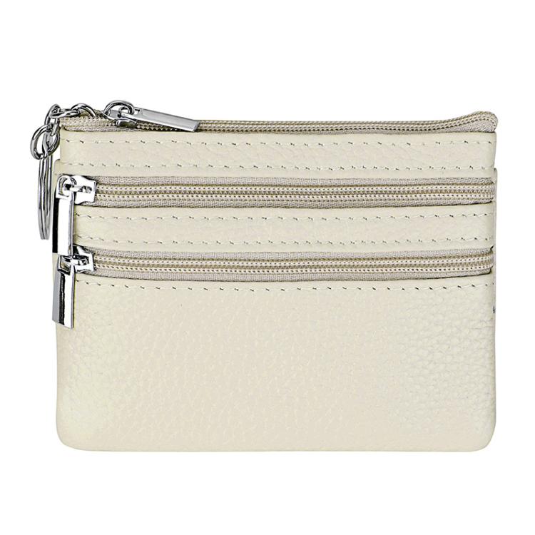 Genuine Leather Double Zipper Key Coin Purse(Milky)