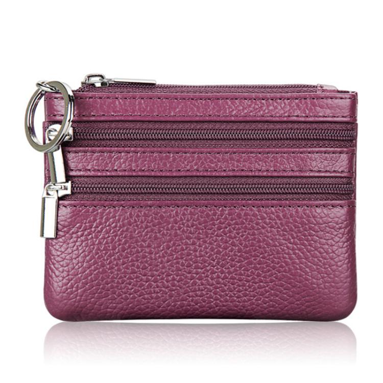 Genuine Leather Double Zipper Key Coin Purse(Purple)