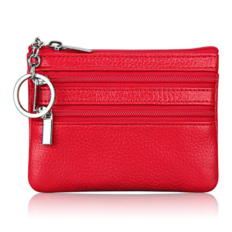 Genuine Leather Double Zipper Key Coin Purse(Red)
