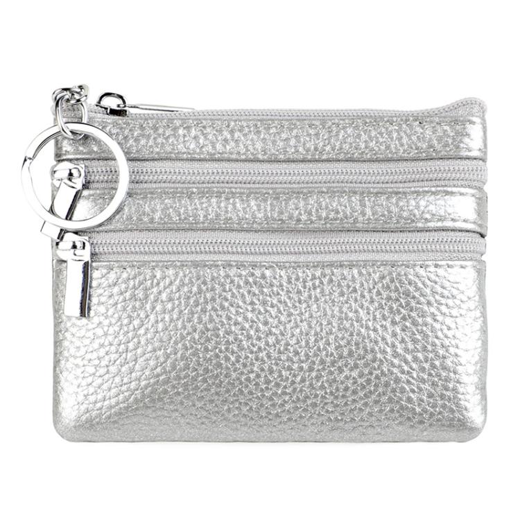 Genuine Leather Double Zipper Key Coin Purse(Silver)