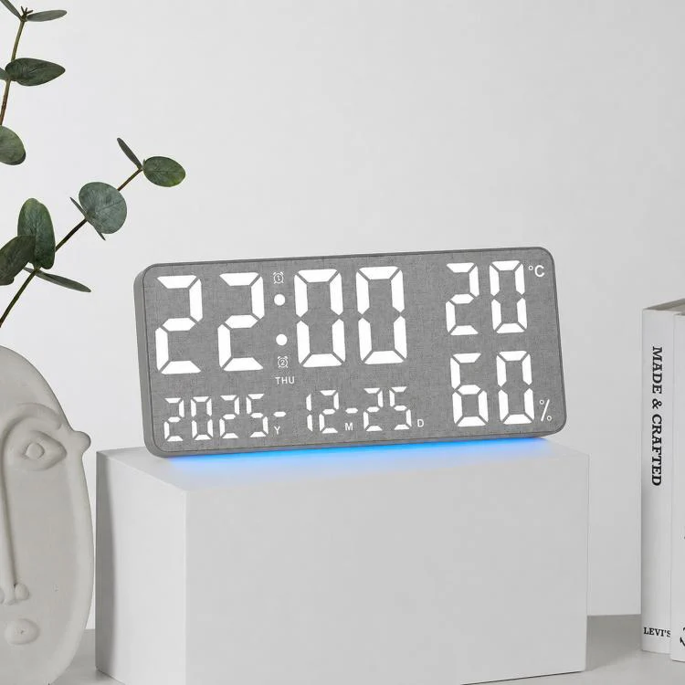 GH8070 Fabric Fixed White Light Large Display Digital Wall Clock With Temp Humidity Dual Alarm Desk Clock