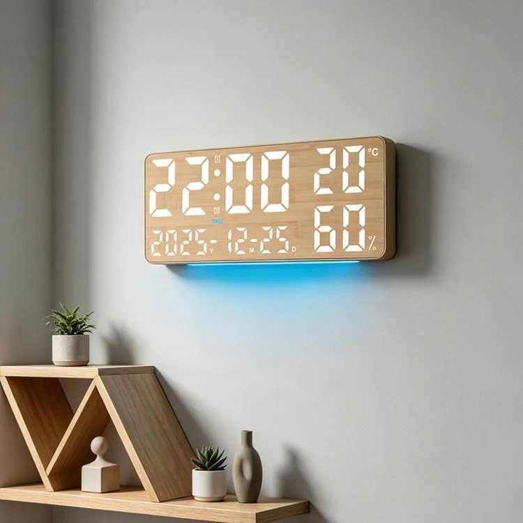 GH8071 Woodgrain Color Changing Large Display Digital Wall Clock With Temp Humidity Dual Alarm Desk Clock - Image 2
