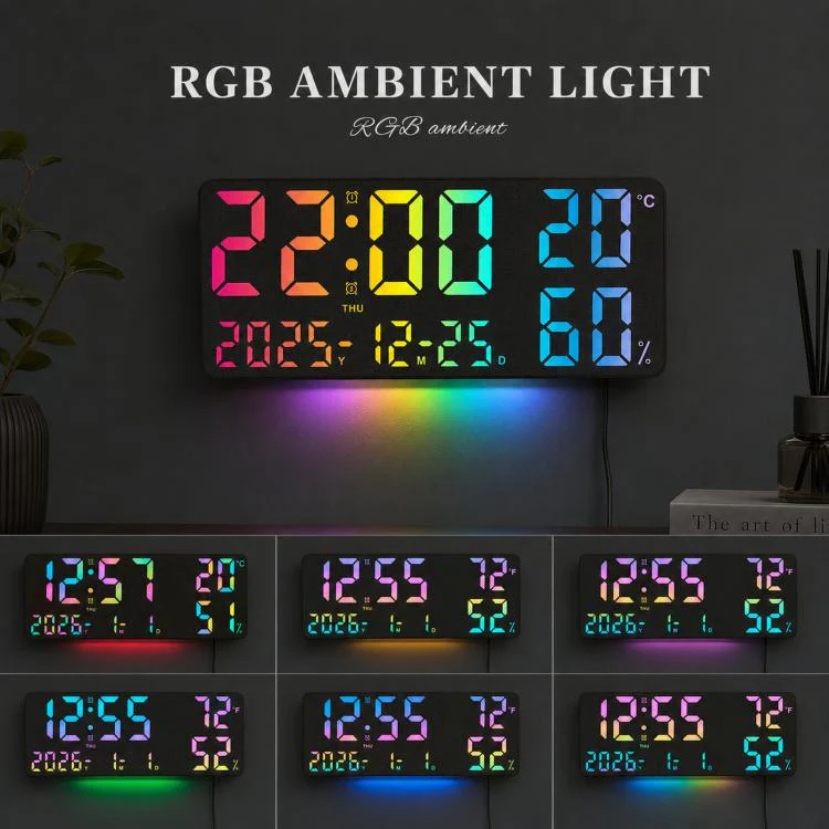 GH8071 Woodgrain Color Changing Large Display Digital Wall Clock With Temp Humidity Dual Alarm Desk Clock - Image 5