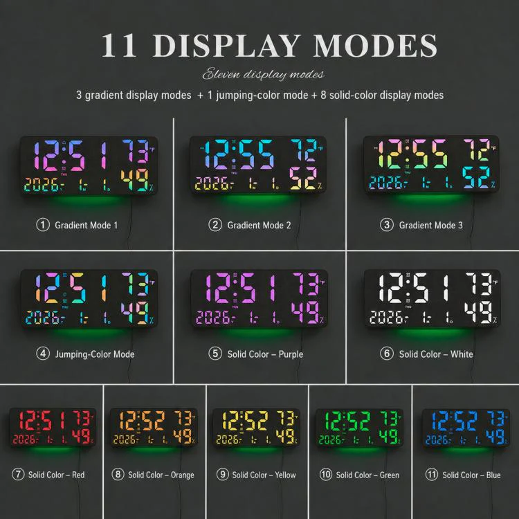 GH8071 Woodgrain Color Changing Large Display Digital Wall Clock With Temp Humidity Dual Alarm Desk Clock - Image 6