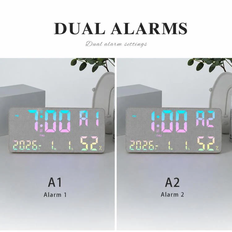 GH8071 Woodgrain Color Changing Large Display Digital Wall Clock With Temp Humidity Dual Alarm Desk Clock - Image 7