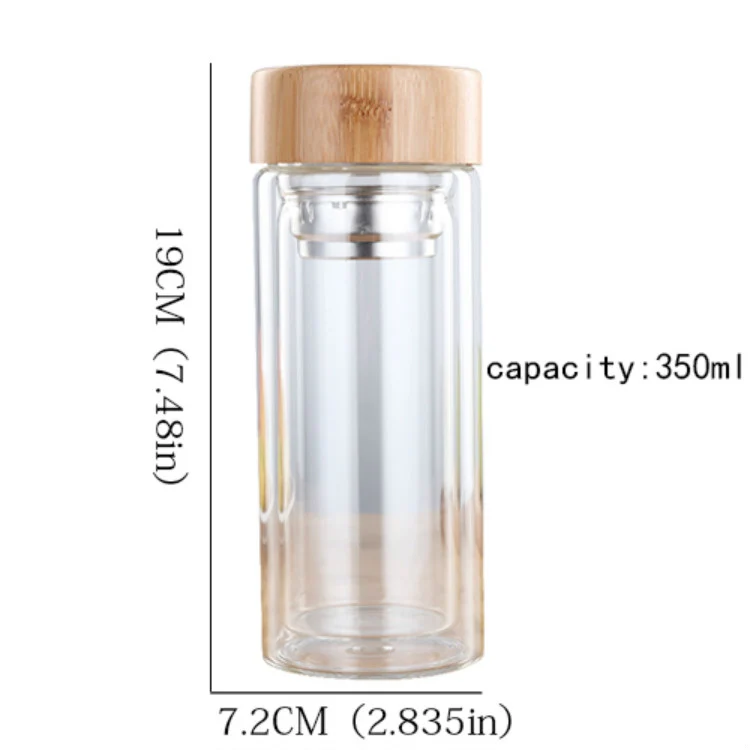 Glass Water Tea Bottles with Infuser Bamboo Lid Double Wall Brief Portable Outdoor Bottle 350ML - Image 2