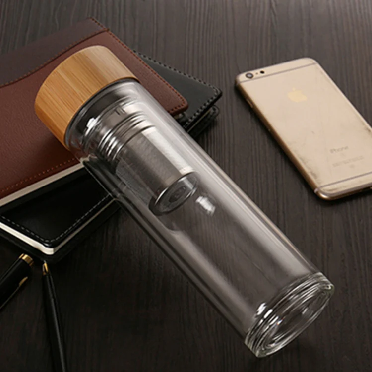 Glass Water Tea Bottles with Infuser Bamboo Lid Double Wall Brief Portable Outdoor Bottle 450ML - Image 4