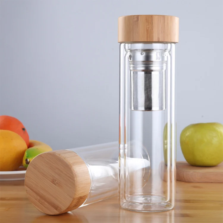 Glass Water Tea Bottles with Infuser Bamboo Lid Double Wall Brief Portable Outdoor Bottle 450ML - Image 5