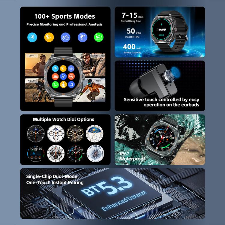 GT99 1.53-inch Display 2-in-1 Smart Sports Watch TWS Bluetooth Earphones(Black) - Image 5