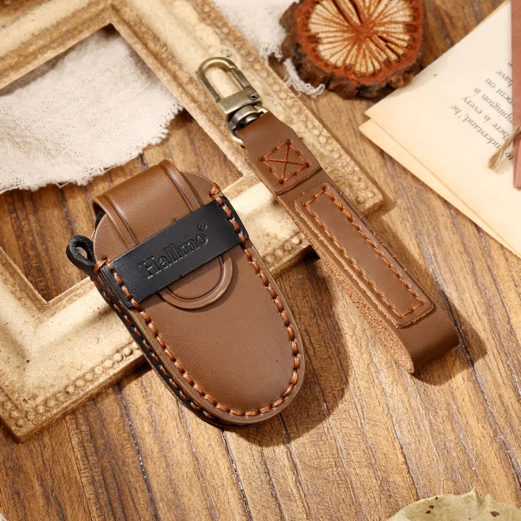Hallmo Car Cowhide Leather Key Protective Cover Key Case for Tesla Model X B Style(Brown) - Image 2