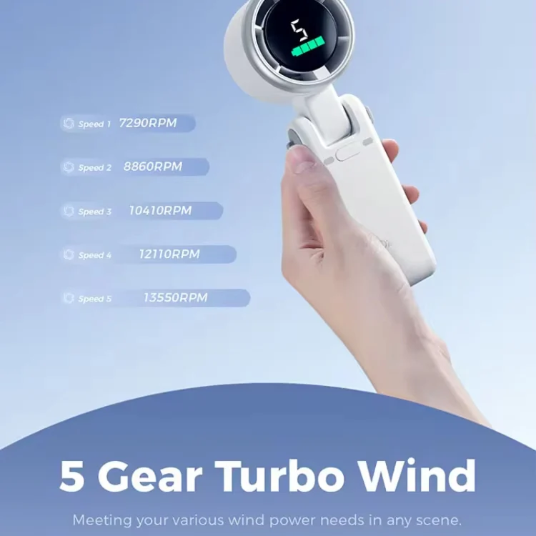 Hand-held Folding Turbo Fan Hanging Neck & Desktop Dual-use 5 Gear Adjustable with Digital Display(Light Green) - Image 4