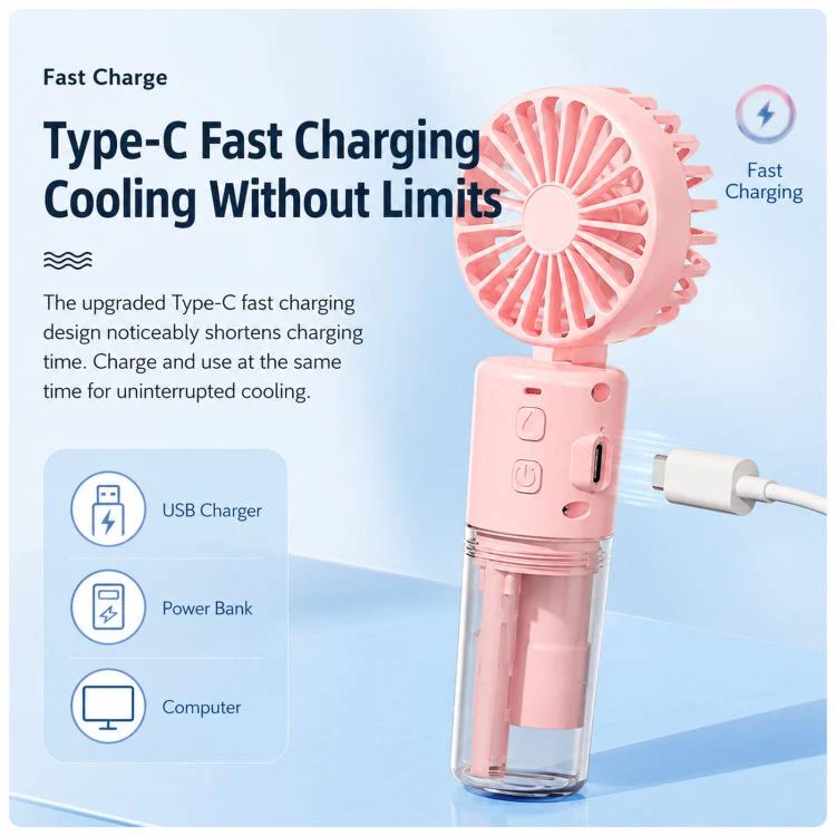 Handheld Misting Fan with Neck Strap 180 Degree Foldable Portable Water Spray Fan Type-C Rechargeable Mini Personal Face Mister Fan(F2 Green) - Image 10