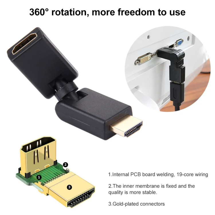 HDMI 19 Pin Male to Female 360 Degree SWIVEL Adaptor (Gold Plated)(Black) - Image 5