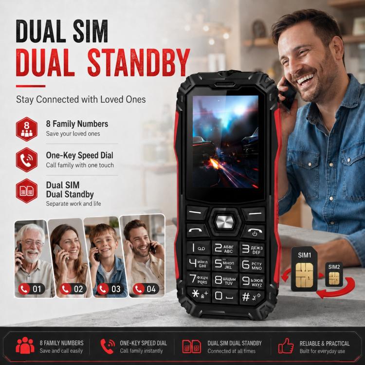HE248 Rugged Style Phone, 2.4 inch, 3D Keys Network: 2G, Dual SIM, BT, Torch, Russian Keyboard, Plug:EU Plug(Black) - Image 8