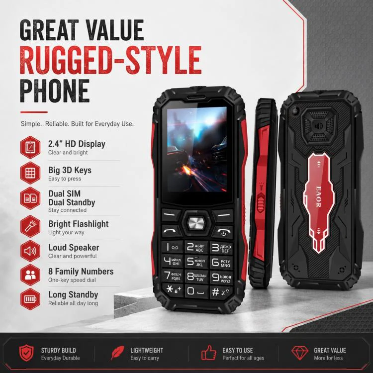 HE248 Rugged Style Phone, 2.4 inch, 3D Keys Network: 2G, Dual SIM, BT, Torch, Russian Keyboard, Plug:US Plug(Black) - Image 2