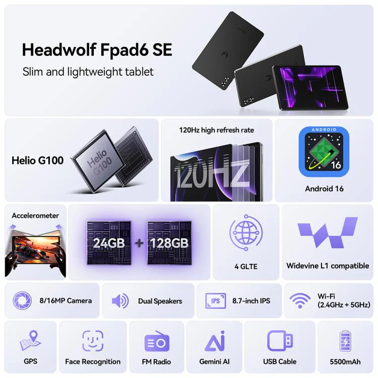 HEADWOLF Fpad6 SE 8.7 inch 4G LTE Tablet PC, 4GB+128GB, Android 16 MT8781 Octa Core Support Dual SIM, Global Version with Google Play (Dark Gray) - Image 2