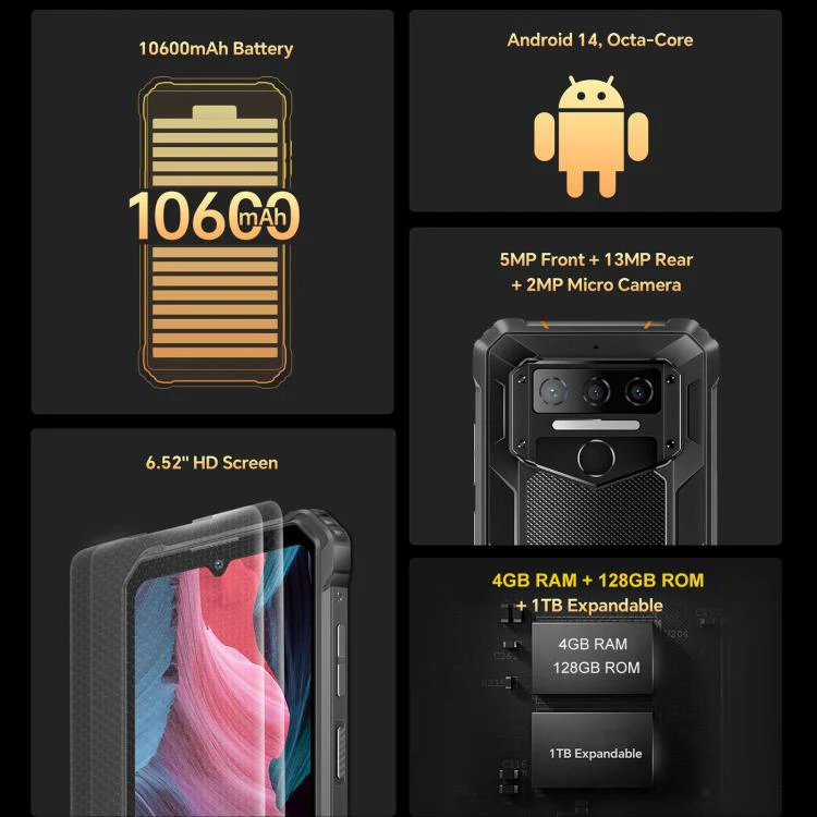 [HK Warehouse] Oukitel WP23 Plus Rugged Phone, 4GB+128GB, 6.52 inch Android 14.0Unisoc T606 Octa-core, NFC, OTG, Network: 4G (Orange) - Image 5