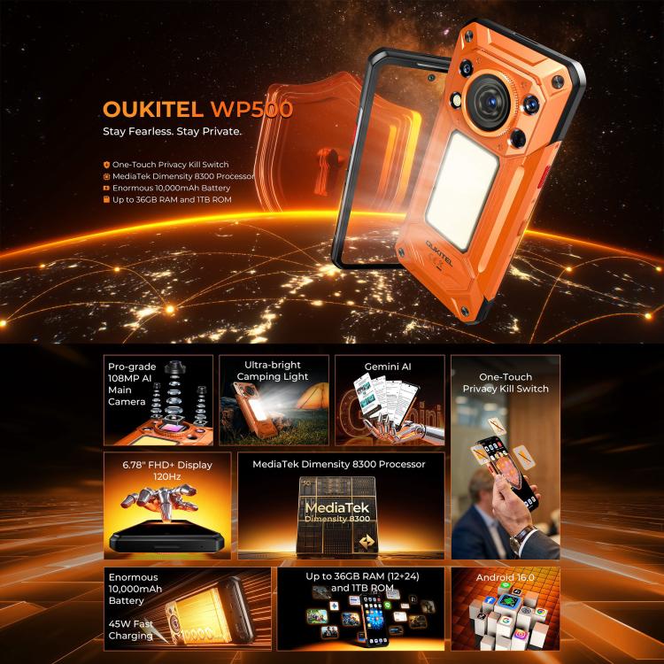 [HK Warehouse] Oukitel WP500 Rugged Phone, 12GB+1TB, 108MP Camera, Night Vision, Fingerprint Identification, 6.78 inch Android 16 MTK Dimensity 8300 Octa Core, NFC, OTG, Network: 5G (Orange) - Image 5