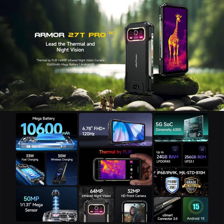 [HK Warehouse] Ulefone Armor 27T Pro Rugged Phone, Thermal Imaging, 12GB+256GB, Night Vision, 10600mAh, 6.78 inch Android 15 MediaTek Dimensity 6300 Octa Core, Network: 5G, NFC (Black) - Image 4