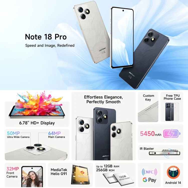 [HK Warehouse] Ulefone Note 18 Pro, 6GB+256GB, Face ID & Side Fingerprint, 6.78 inch Android 14 MediaTek Helio G91 MTK6769 Octa Core, Network: 4G, Dual SIM, OTG, NFC (Lustrous Black) - Image 7