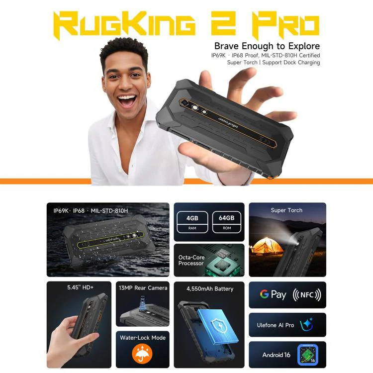 [HK Warehouse] Ulefone RugKing 2 Pro, 4GB+64GB, IP68/IP69K Rugged Phone, 5.45 inch Android 16 Unisoc T7250 Octa Core, Network: 4G, NFC, OTG (Orange) - Image 4