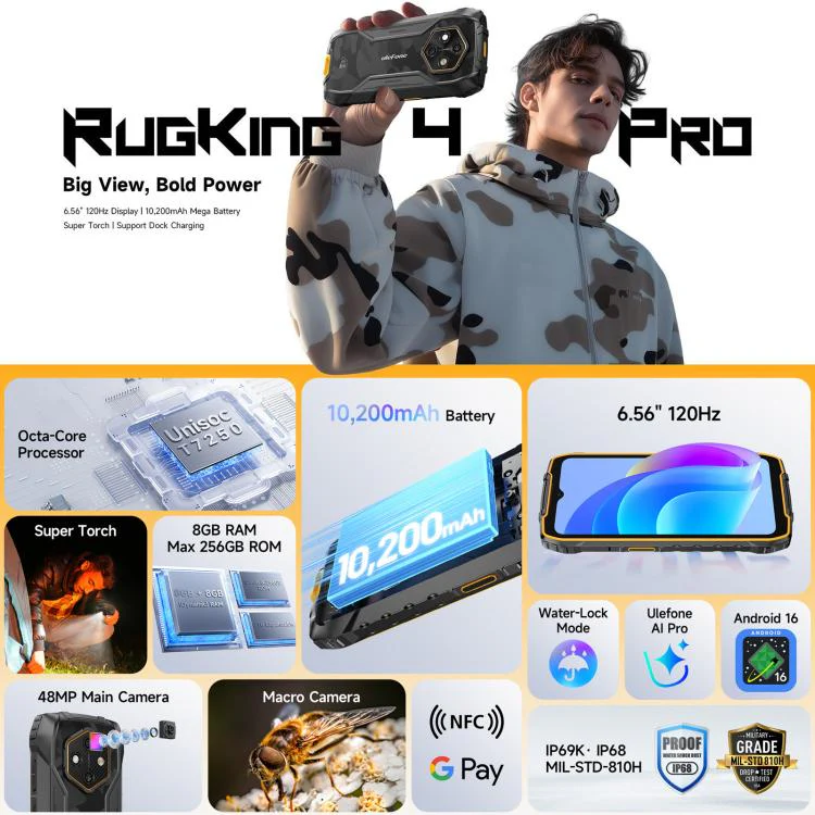 [HK Warehouse] Ulefone RugKing 4 Pro, 8GB+128GB, IP68/IP69K Rugged Phone, 6.56 inch Android 16 Unisoc T7250 Octa Core, Network: 4G, NFC, OTG (Black) - Image 5
