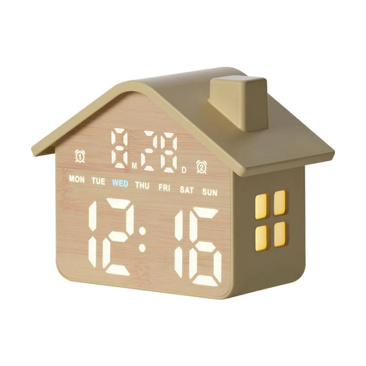 House-Shaped Digital Alarm Clock with Night Light Dual Alarms & Timer Function, 3-Level Brightness(Yellow)