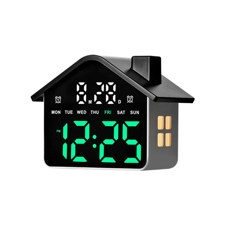 House-Shaped Digital Alarm Clock with Night Light Dual Alarms & Timer Function, 4-Level Brightness(GH9033 Black+Green Light)