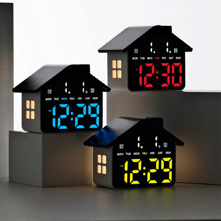 House-Shaped Digital Alarm Clock with Night Light Dual Alarms & Timer Function, 4-Level Brightness(GH9033 Black+Red Light) - Image 2