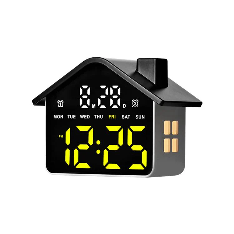 House-Shaped Digital Alarm Clock with Night Light Dual Alarms & Timer Function, 4-Level Brightness(GH9033 Black+Yellow Light)