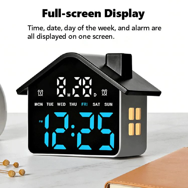 House-Shaped Digital Alarm Clock with Night Light Dual Alarms & Timer Function, 4-Level Brightness(GH9033 Black+Yellow Light) - Image 3