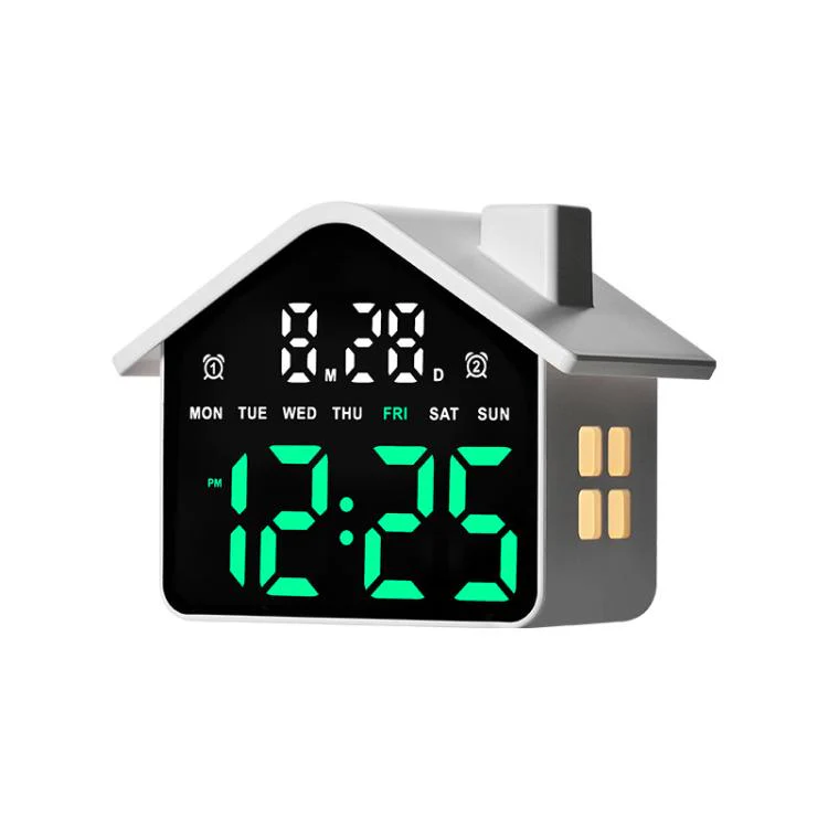 House-Shaped Digital Alarm Clock with Night Light Dual Alarms & Timer Function, 4-Level Brightness(GH9033 White+Green Light)