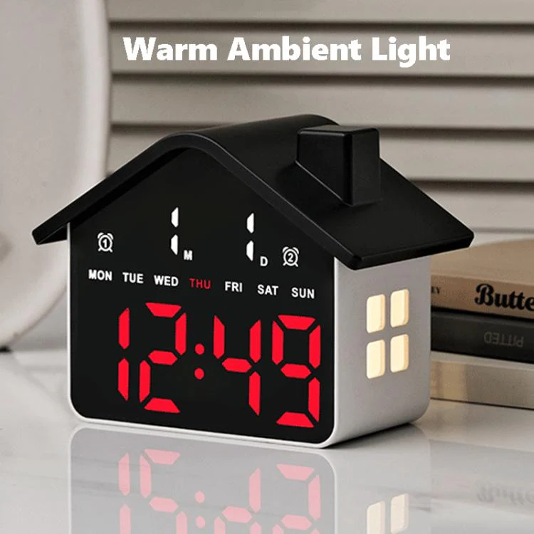 House-Shaped Digital Alarm Clock with Night Light Dual Alarms & Timer Function, 4-Level Brightness(GH9033 White+Green Light) - Image 4