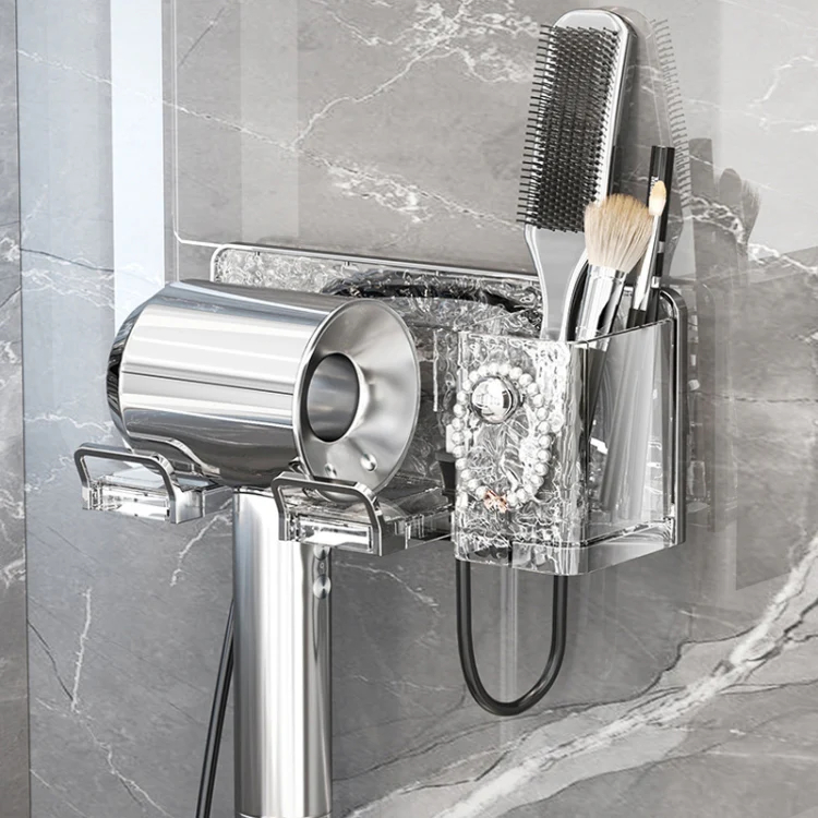 Household Hair Dryer Shelf Bathroom No Punching Wall Mounted Storage Rack(Transparent Silver) - Image 2