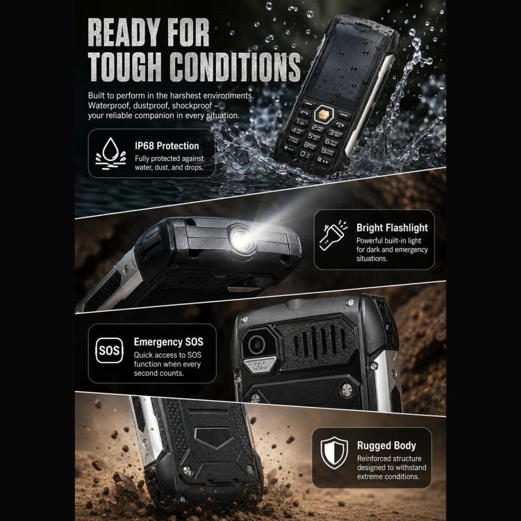 HP288 IP68 Rugged Phone, 2.8 inch, 4000mAh Battery, Network: 2G, BT, FM, SOS, Torch, Russian Keyboard, Plug:AU Plug(Black) - Image 9