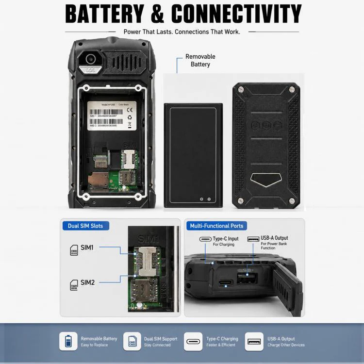 HP288 IP68 Rugged Phone, 2.8 inch, 4000mAh Battery, Network: 2G, BT, FM, SOS, Torch, Russian Keyboard, Plug:EU Plug(Black) - Image 6