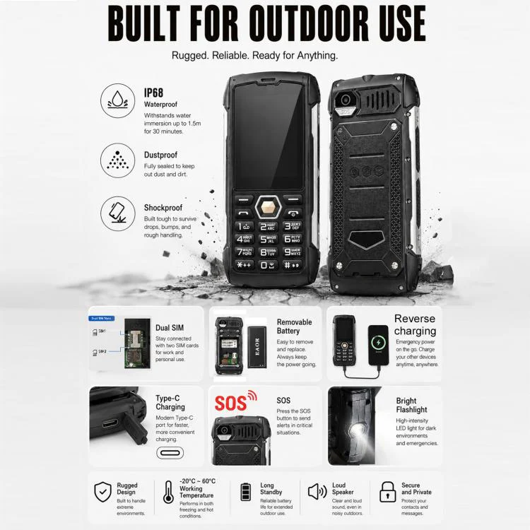 HP288 IP68 Rugged Phone, 2.8 inch, 4000mAh Battery, Network: 2G, BT, FM, SOS, Torch, Russian Keyboard, Plug:US Plug(Black) - Image 10