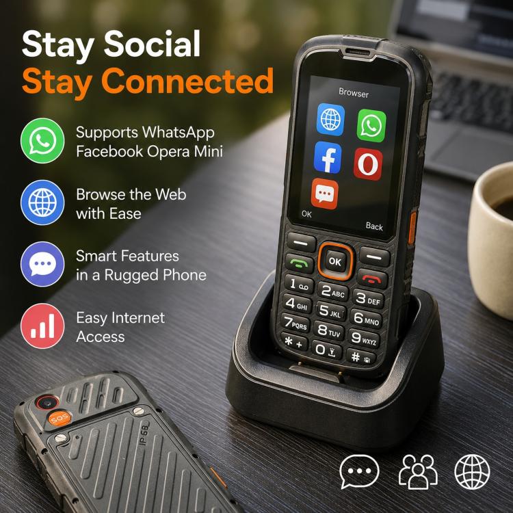 HP290Z 4G IP68 Rugged Phone, 2.8 inch, 3000mAh Battery, Network: 4G, BT, FM, SOS, Torch, With Charging Dock, Plug:UK Plug(Black) - Image 12