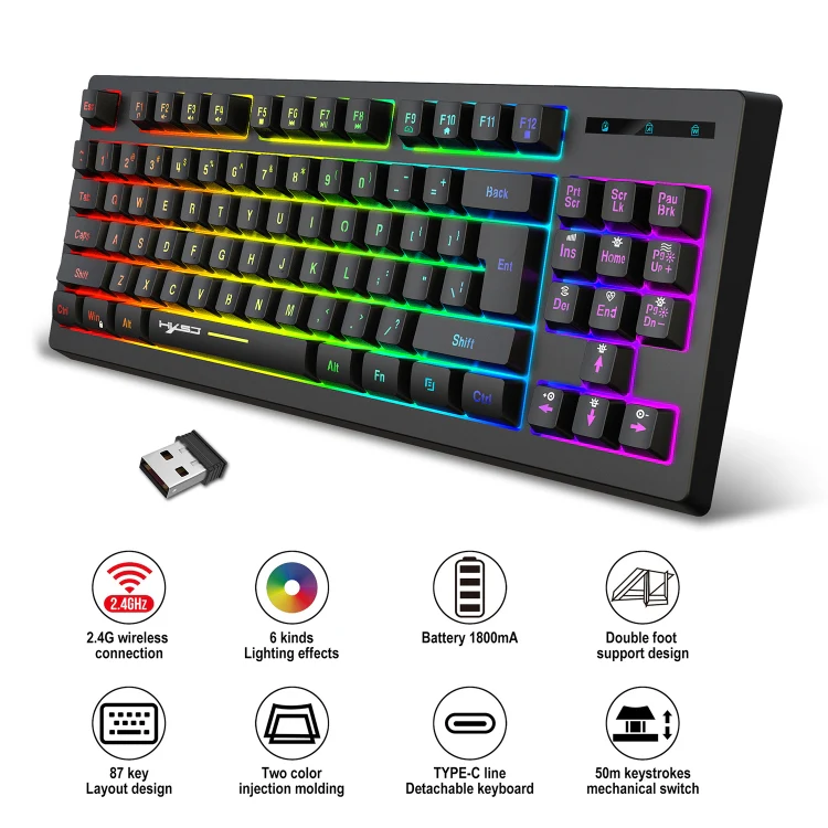 HXSJ L100 87 Keys RGB Backlit Film 2.4G Wireless Keyboard(Black) - Image 3