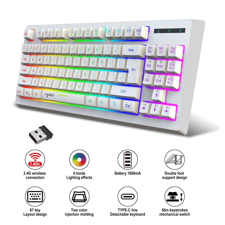 HXSJ L100 87 Keys RGB Backlit Film 2.4G Wireless Keyboard(White) - Image 3